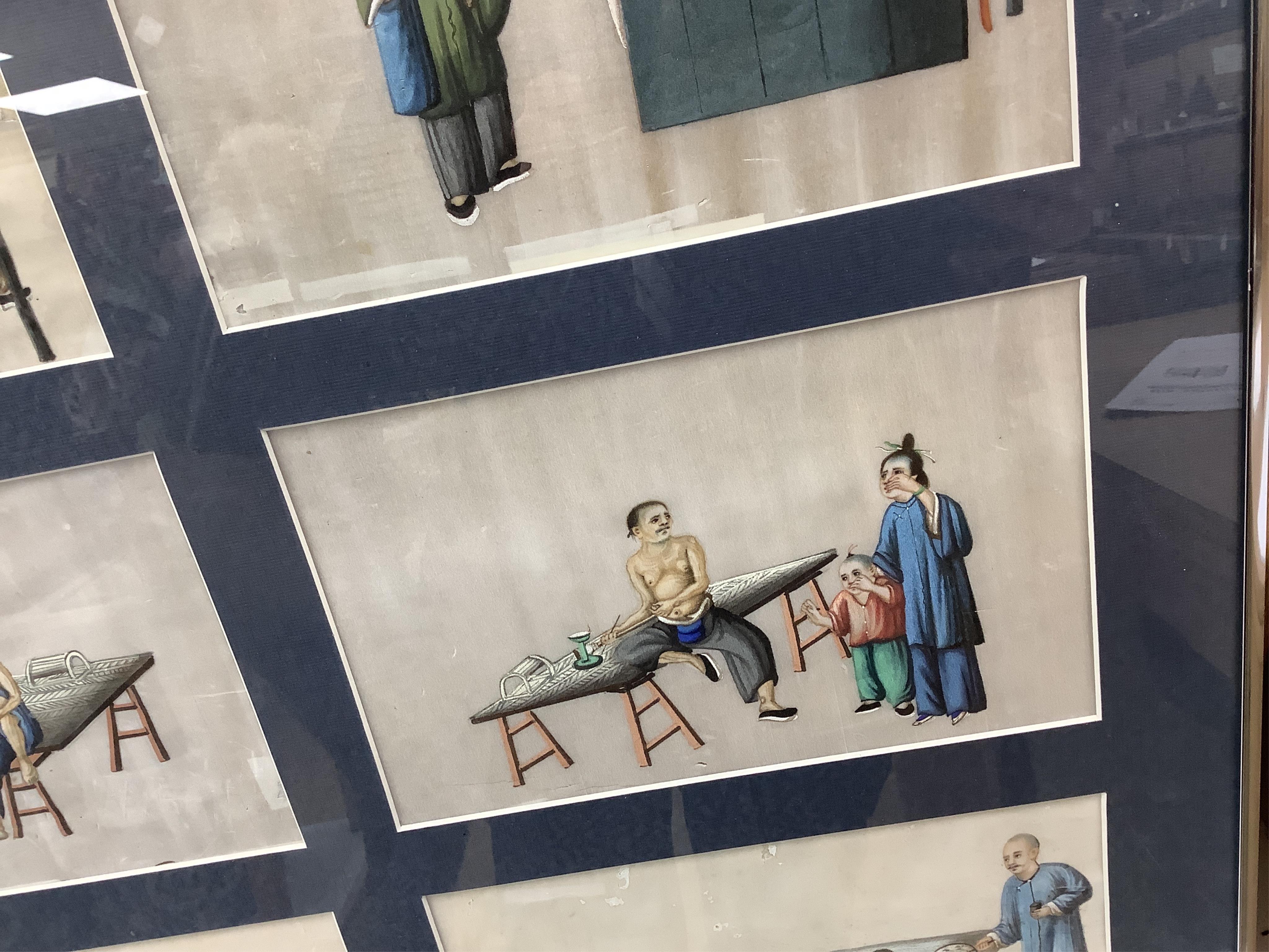 Late 19th / early 20th century, Chinese School, set of six pith paper paintings, Interior scenes with figures, each 15 x 24cm, paper in poor condition